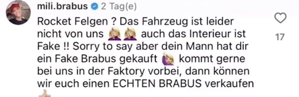 Screenshot des Instagram-Kommentars von Mili Brabus, der den Brabus-Shitstorm auslöste.