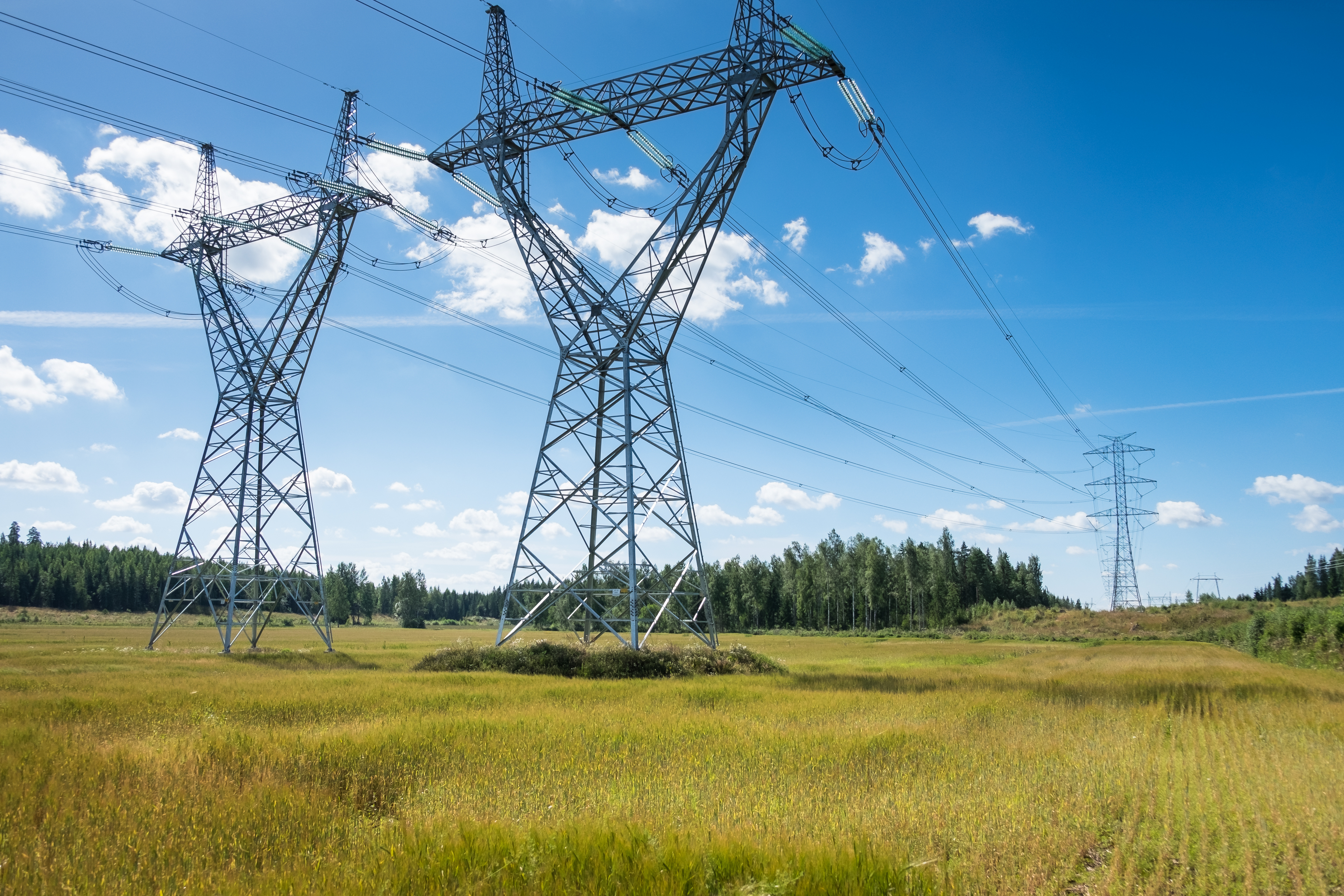 Landschaft mit Stromleitungen an einem hellen Sommertag in Finnland